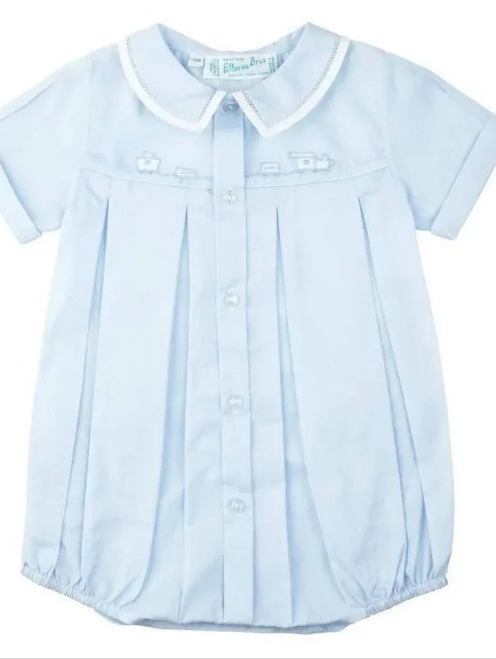 EUC 0-3M 🚂 Feltman Brothers Boys Train Car Creeper Bubble Romper Baby Blue